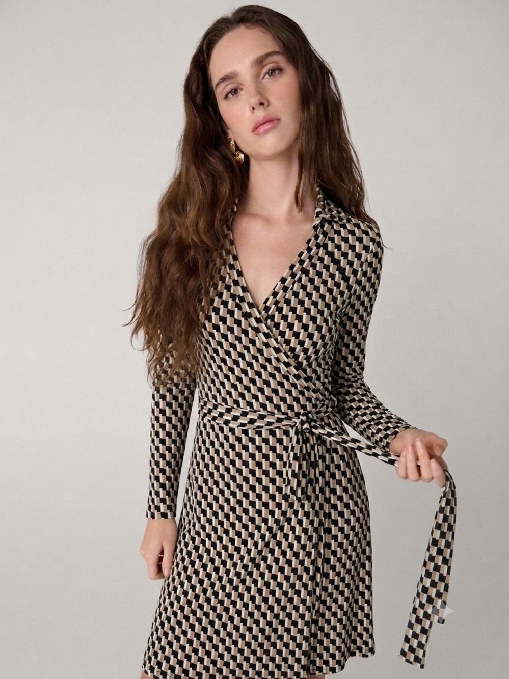 Diane von Furstenberg Geometric Collared Wrap Dress Black Tan Small NWOT